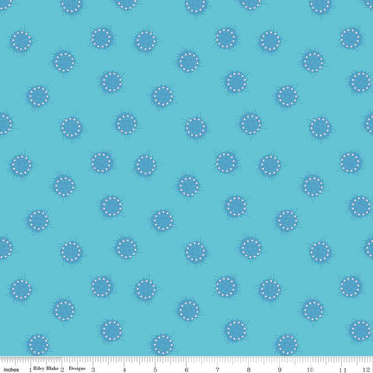Image of the Celebrate Circles Aqua quilting cotton fabric by Sue Daley for Riley Blake Designs. Features scattered crosshatch dots on a light blue background
Cute Little Fabric Shop