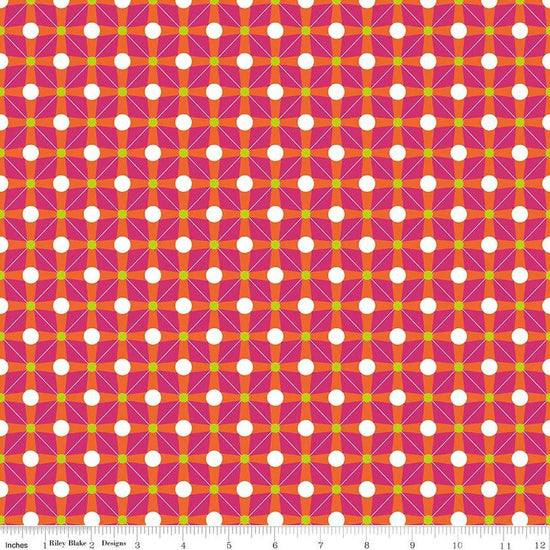 Image of the Celebrate Geo Orange quilting cotton fabric by Sue Daley for Riley Blake Designs. Features a geometric grid design with dots on a pink background
Cute Little Fabric Shop