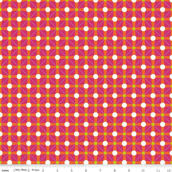 Image of the Celebrate Geo Orange quilting cotton fabric by Sue Daley for Riley Blake Designs. Features a geometric grid design with dots on a pink background
Cute Little Fabric Shop