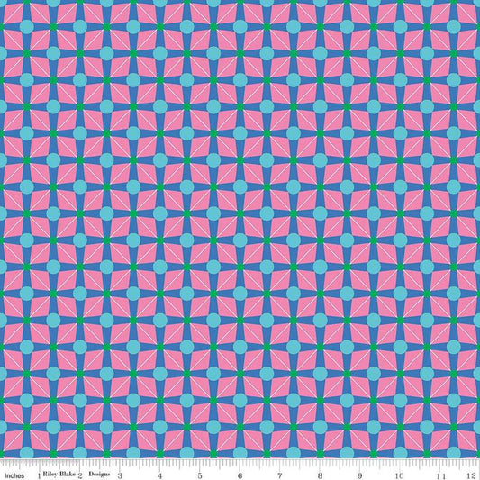 Image of the Celebrate Geo Blue quilting cotton fabric by Sue Daley for Riley Blake Designs. Features a geometric grid design with dots on a blue background
Cute Little Fabric Shop