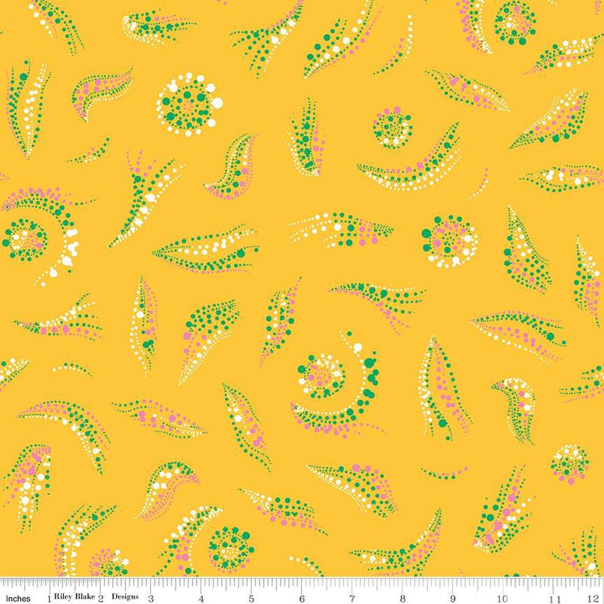 Image of the Celebrate Dots Yellow quilting cotton fabric by Sue Daley for Riley Blake Designs. Features scattered dots  on a yellow background.
Cute Little Fabric Shop