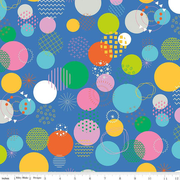 Image of the Celebrate Main Blue quilting cotton fabric by Sue Daley for Riley Blake Designs. Features colorful dots and circular geometric designs on a blue background
Cute Little Fabric Shop