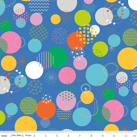 Image of the Celebrate Main Blue quilting cotton fabric by Sue Daley for Riley Blake Designs. Features colorful dots and circular geometric designs on a blue background
Cute Little Fabric Shop