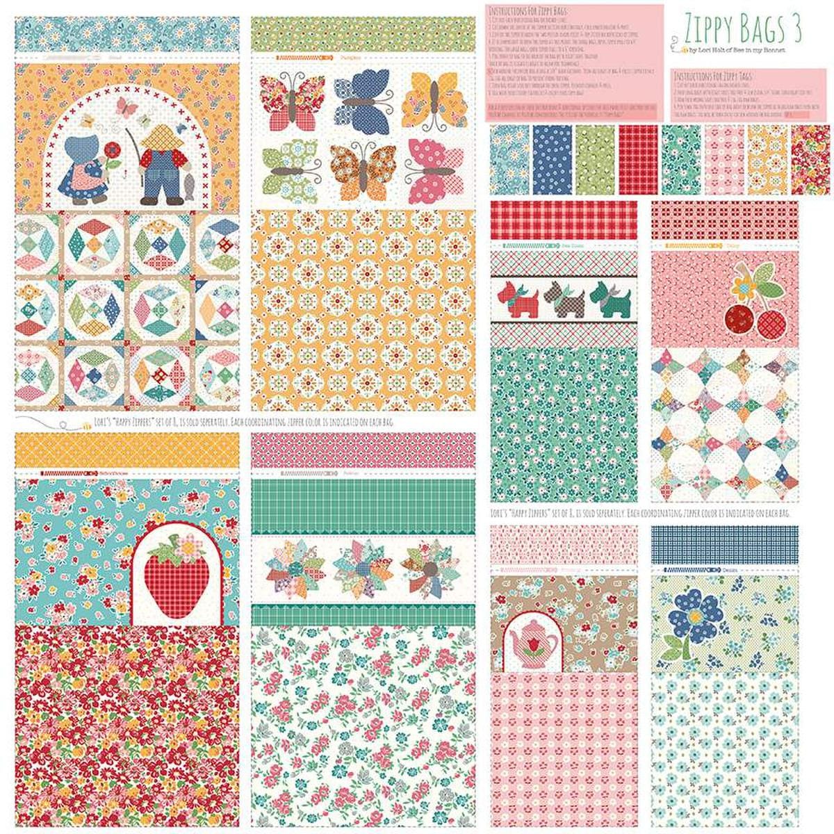 Image of the Home Decor Zippy Bags 3 Panel by Lori Holt for Riley Blake Designs. Features a lightweight canvas fabric with the pieces and instructions to make four large and four small project bags. 
Cute Little Fabric Shop