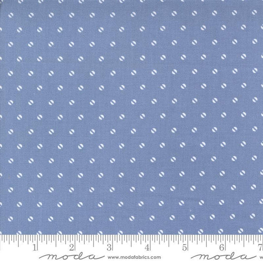 Image of the Hollyhocks Roses Dots  Bluebell quilting cotton fabric by Moda Fabrics. Features small dotted seeds on a blue purple background. 
Cute Little Fabric Shop