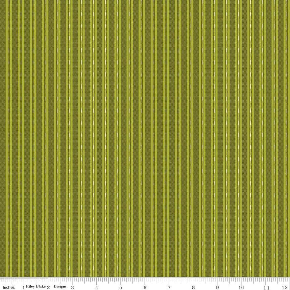 Image of the Stitchers Flannel Ticking Green flannel fabric by Vicki McCarty for Riley Blake Designs. Features small ticking stripes on a green background.
Cute Little Fabric Shop