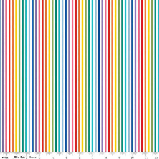 Image of the 1/8" Stripe Rainbow quilting cotton fabric by Riley Blake Designs. Features a striped fabric with rainbow colors. 
Cute Little Fabric Shop
