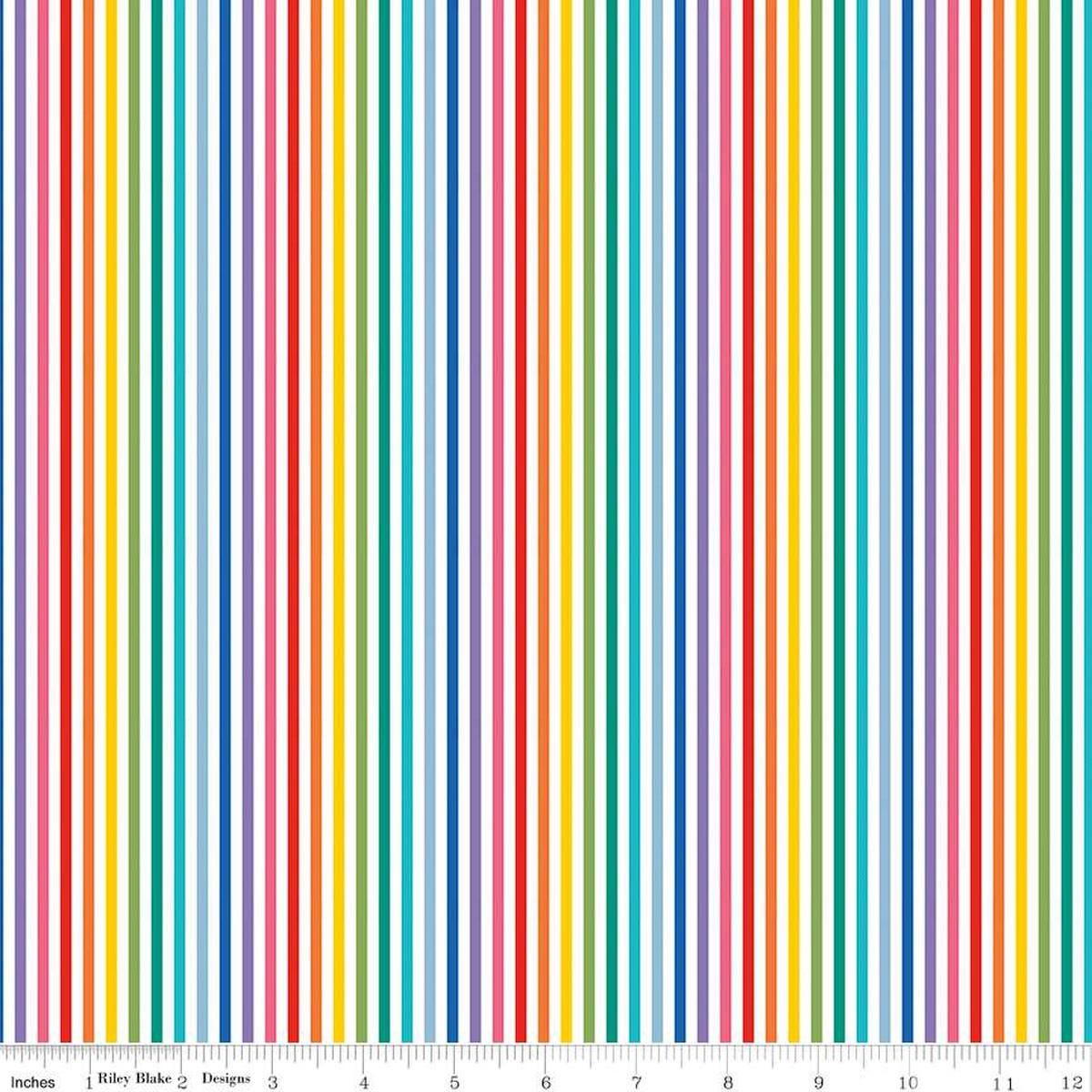 Image of the 1/8" Stripe Rainbow quilting cotton fabric by Riley Blake Designs. Features a striped fabric with rainbow colors. 
Cute Little Fabric Shop