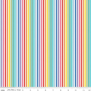 Image of the 1/8" Stripe Rainbow quilting cotton fabric by Riley Blake Designs. Features a striped fabric with rainbow colors. 
Cute Little Fabric Shop