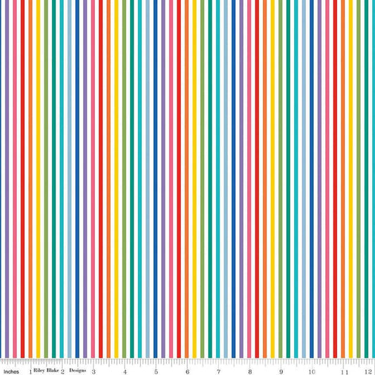 Image of the 1/8" Stripe Rainbow quilting cotton fabric by Riley Blake Designs. Features a striped fabric with rainbow colors. 
Cute Little Fabric Shop