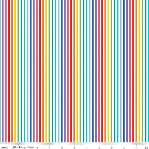 Image of the 1/8&quot; Stripe Rainbow quilting cotton fabric by Riley Blake Designs. Features a striped fabric with rainbow colors. 
Cute Little Fabric Shop