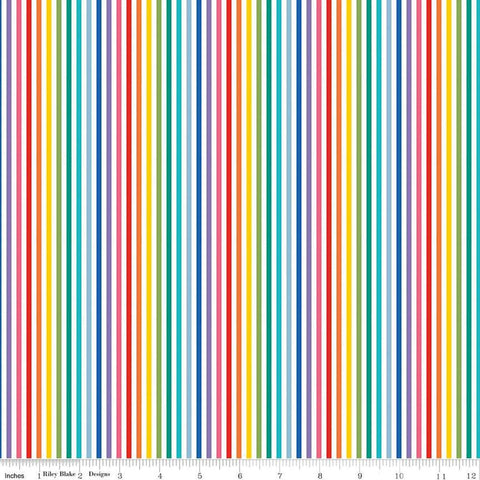 Image of the 1/8&quot; Stripe Rainbow quilting cotton fabric by Riley Blake Designs. Features a striped fabric with rainbow colors. 
Cute Little Fabric Shop