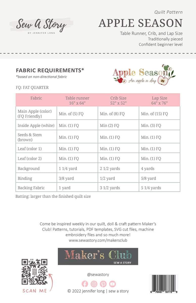 Image of the Apple Season Quilt Pattern by Jennifer Long for Riley Blake Designs. Features the fabric requirements.
Cute Little Fabric Shop