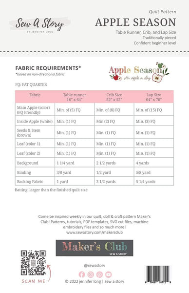 Image of the Apple Season Quilt Pattern by Jennifer Long for Riley Blake Designs. Features the fabric requirements.
Cute Little Fabric Shop