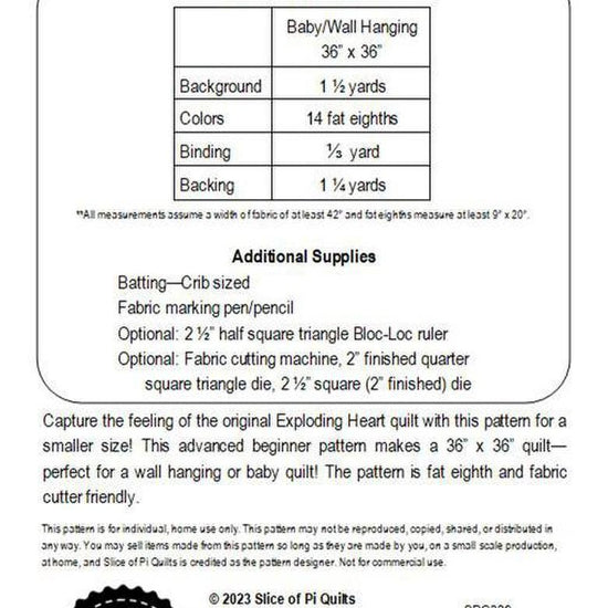 Image of the Mini Exploding Heart quilting cotton fabric by Slice of Pi Quilts for Riley Blake Designs. Features the fabric requirements for the pattern.
Cute Little Fabric Shop