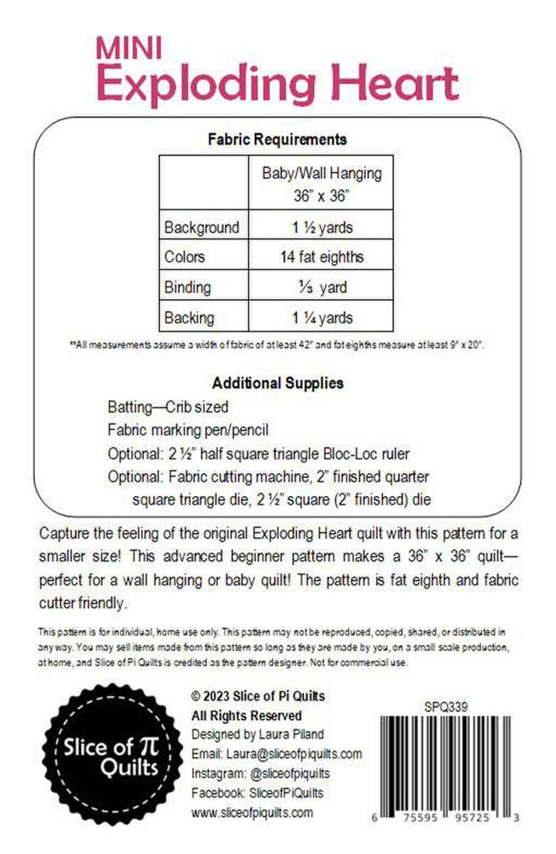 Image of the Mini Exploding Heart quilting cotton fabric by Slice of Pi Quilts for Riley Blake Designs. Features the fabric requirements for the pattern.
Cute Little Fabric Shop