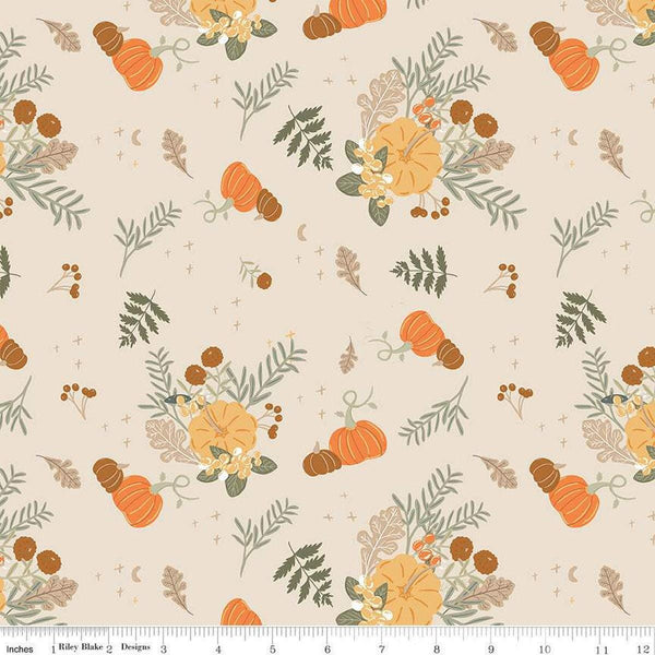 Image of ivory cream colored quilting cotton fabric for the Pumpkin Spice collection by Riley Blake Designs. Features scattered clusters of pumpkins, flowers, and branches of leaves on the light cream background. 
Cute Little Fabric Shop