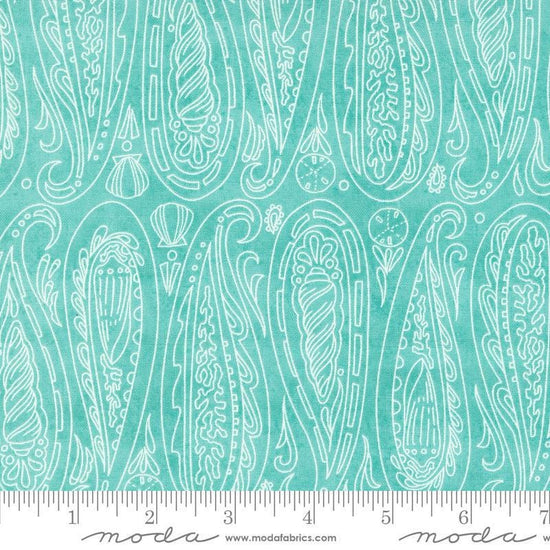 Serena Shores Paisley Aqua quilting cotton fabric by Robin Pickens for Moda Fabrics. Features illustrated paisley seashells on a light aqua background. 
Cute Little Fabric Shop