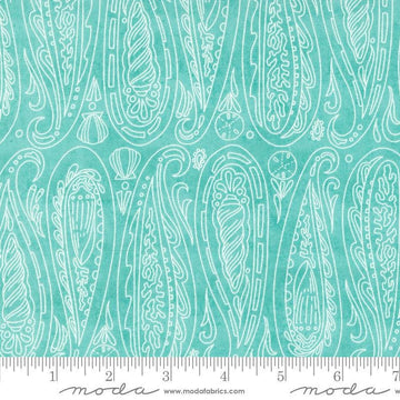 Serena Shores Paisley Aqua quilting cotton fabric by Robin Pickens for Moda Fabrics. Features illustrated paisley seashells on a light aqua background. 
Cute Little Fabric Shop