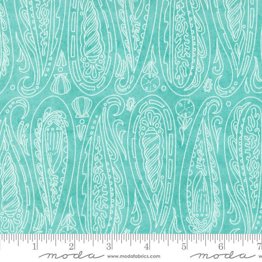 Serena Shores Paisley Aqua quilting cotton fabric by Robin Pickens for Moda Fabrics. Features illustrated paisley seashells on a light aqua background. 
Cute Little Fabric Shop