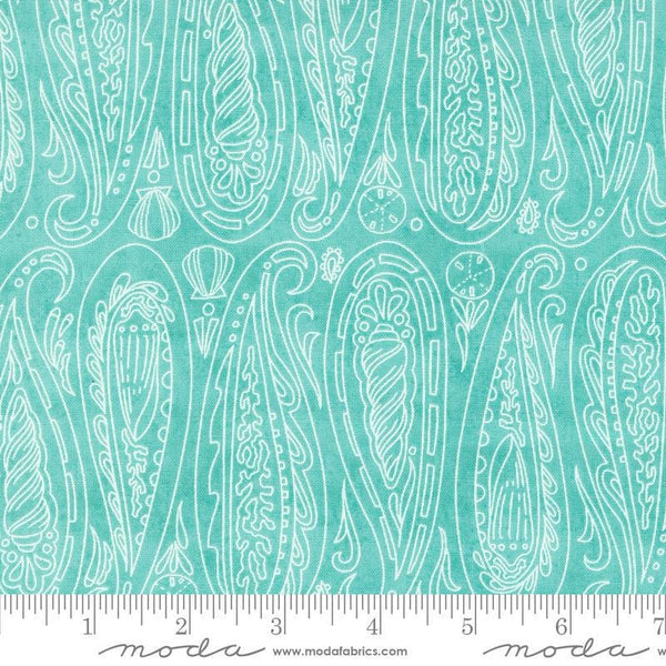 Serena Shores Paisley Aqua quilting cotton fabric by Robin Pickens for Moda Fabrics. Features illustrated paisley seashells on a light aqua background. 
Cute Little Fabric Shop