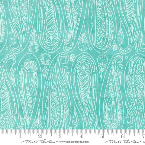 Serena Shores Paisley Aqua quilting cotton fabric by Robin Pickens for Moda Fabrics. Features illustrated paisley seashells on a light aqua background. 
Cute Little Fabric Shop