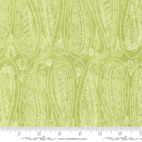Serena Shores Paisley Kelp quilting cotton fabric by Robin Pickens for Moda Fabrics. Features illustrated paisley seashells on a light green background. 
Cute Little Fabric Shop