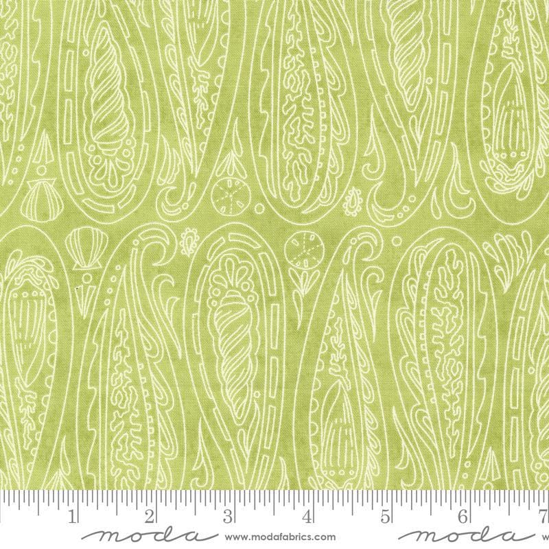 Serena Shores Paisley Kelp quilting cotton fabric by Robin Pickens for Moda Fabrics. Features illustrated paisley seashells on a light green background. 
Cute Little Fabric Shop