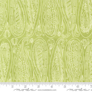 Serena Shores Paisley Kelp quilting cotton fabric by Robin Pickens for Moda Fabrics. Features illustrated paisley seashells on a light green background. 
Cute Little Fabric Shop