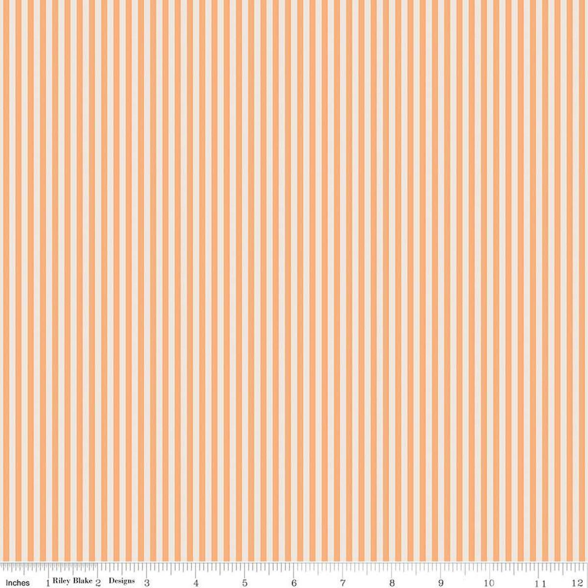 Image of the 1/8 Inch Stripe on Ivory Marmalade quilting cotton fabric by Riley Blake Designs. Features ivory and orange stripes. 
Cute Little Fabric Shop
