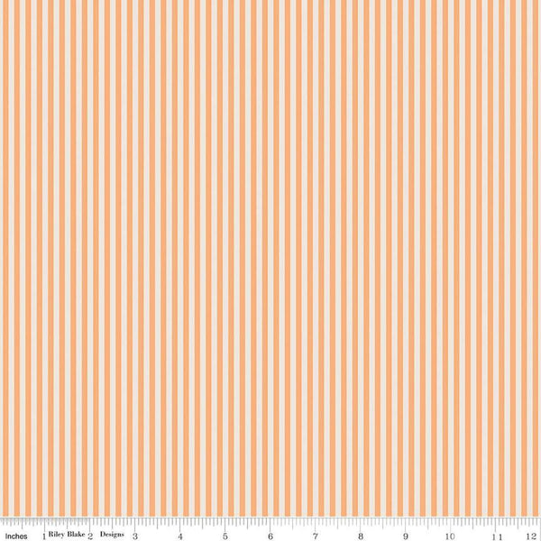 Image of the 1/8 Inch Stripe on Ivory Marmalade quilting cotton fabric by Riley Blake Designs. Features ivory and orange stripes. 
Cute Little Fabric Shop