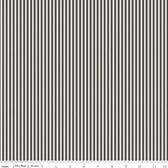 Image of the 1/8 Inch Stripe on Ivory Charcoal quilting cotton fabric by Riley Blake Designs. Features ivory and black stripes. 
Cute Little Fabric Shop