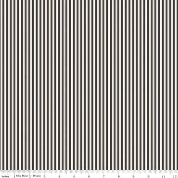 Image of the 1/8 Inch Stripe on Ivory Charcoal quilting cotton fabric by Riley Blake Designs. Features ivory and black stripes. 
Cute Little Fabric Shop