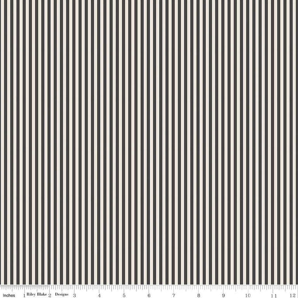 Image of the 1/8 Inch Stripe on Ivory Charcoal quilting cotton fabric by Riley Blake Designs. Features ivory and black stripes. 
Cute Little Fabric Shop