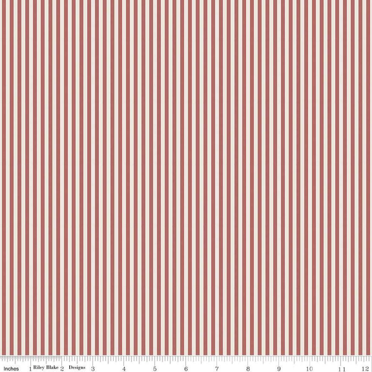 Image of the 1/8 Inch Stripe on Ivory Canyon Rose quilting cotton fabric by Riley Blake Designs. Features ivory and red pink stripes. 
Cute Little Fabric Shop