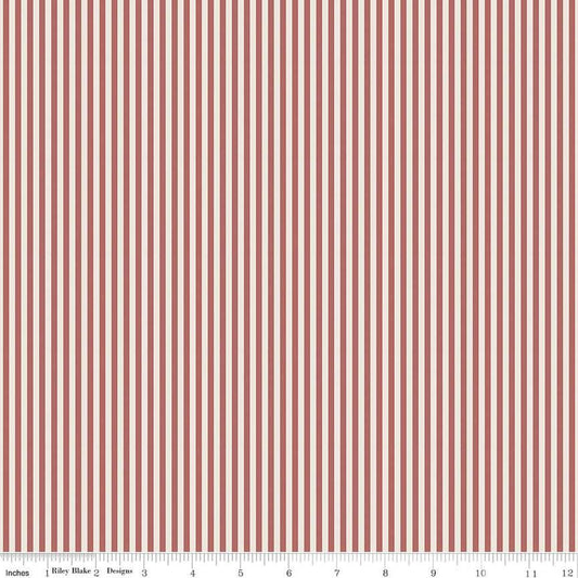 Image of the 1/8 Inch Stripe on Ivory Canyon Rose quilting cotton fabric by Riley Blake Designs. Features ivory and red pink stripes. 
Cute Little Fabric Shop