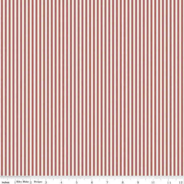 Image of the 1/8 Inch Stripe on Ivory Canyon Rose quilting cotton fabric by Riley Blake Designs. Features ivory and red pink stripes. 
Cute Little Fabric Shop