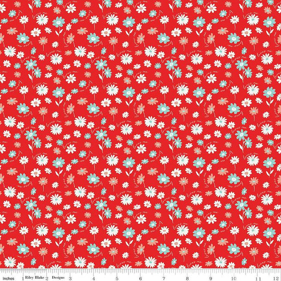 Image of the You & Me Loves Me Red quilting cotton fabric by Sandy Gervais for Riley Blake Designs. Features flowers and text on a red background.
Cute Little Fabric Shop