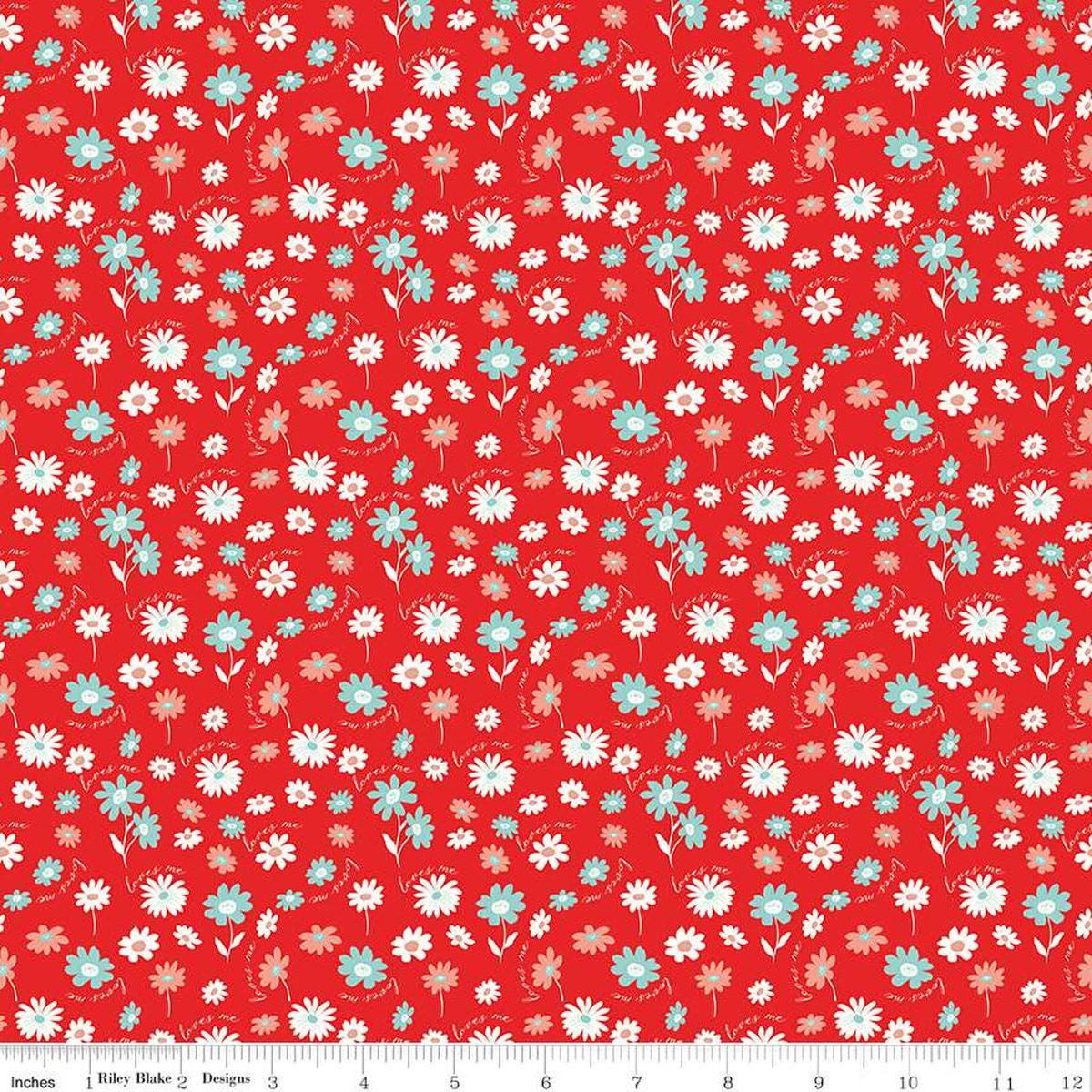 Image of the You & Me Loves Me Red quilting cotton fabric by Sandy Gervais for Riley Blake Designs. Features flowers and text on a red background.
Cute Little Fabric Shop