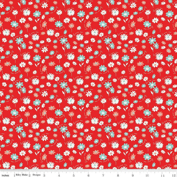 Image of the You & Me Loves Me Red quilting cotton fabric by Sandy Gervais for Riley Blake Designs. Features flowers and text on a red background.
Cute Little Fabric Shop