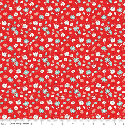 Image of the You & Me Loves Me Red quilting cotton fabric by Sandy Gervais for Riley Blake Designs. Features flowers and text on a red background.
Cute Little Fabric Shop