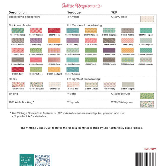 Image of the Vintage Dishes quilt kit by Lori Holt for Riley Blake Designs. Features the fabric requirements for the quilt.
Cute Little Fabric Shop