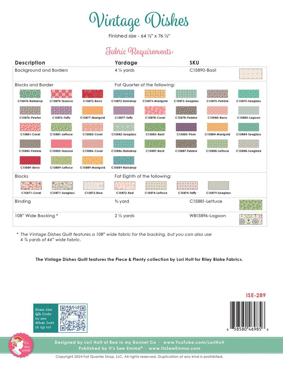 Image of the Vintage Dishes quilt kit by Lori Holt for Riley Blake Designs. Features the fabric requirements for the quilt.
Cute Little Fabric Shop