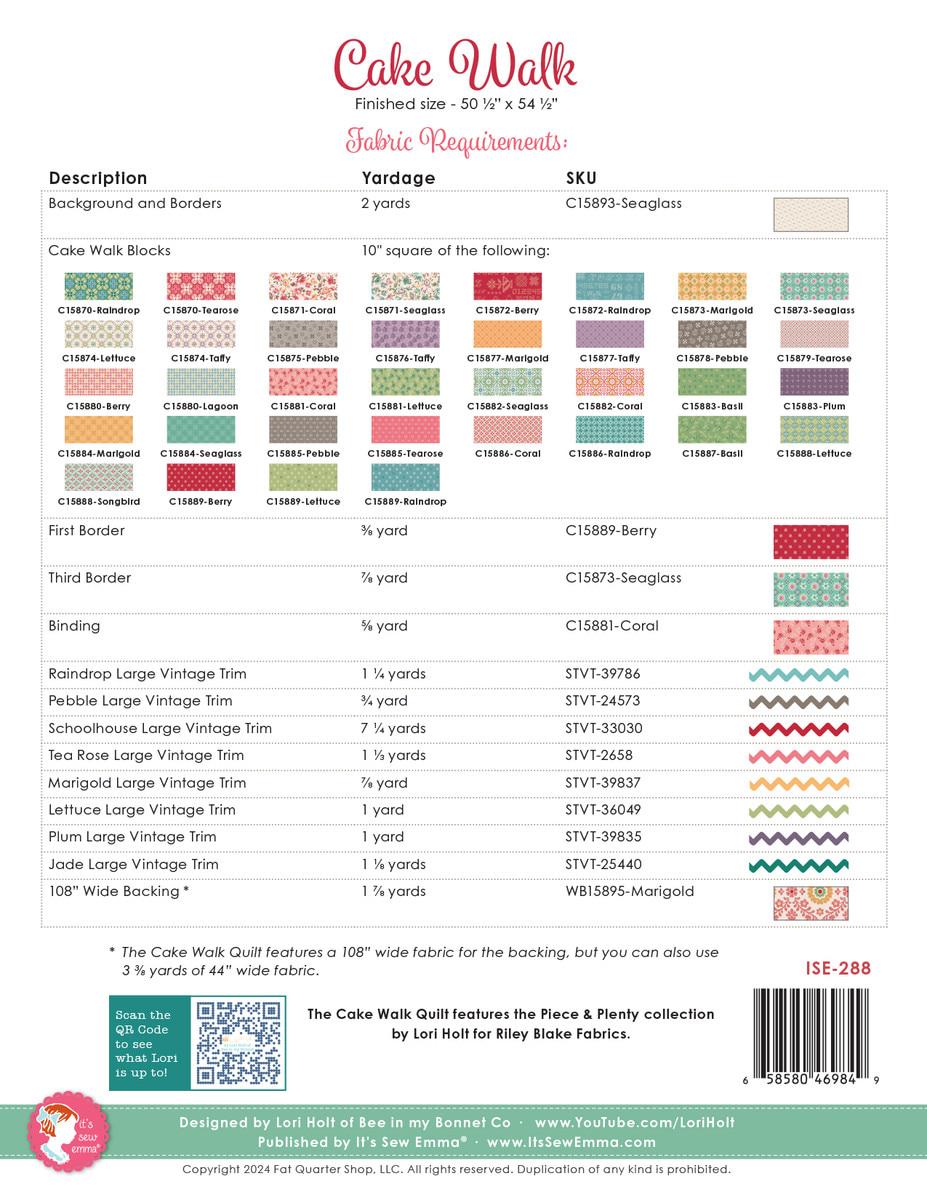 Image of the Cake Walk quilt kit by Lori Holt for Riley Blake Designs. Features the fabric requirements for the quilt.
Cute Little Fabric Shop