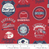 Image of the Play Ball Patchwork Cardinal quilting cotton fabric by Moda Fabrics. Features novelty baseball patchwork icons on a red background. 
Cute Little Fabric Shop