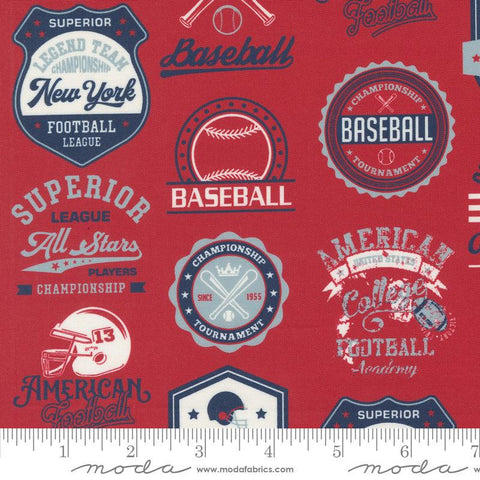 Image of the Play Ball Patchwork Cardinal quilting cotton fabric by Moda Fabrics. Features novelty baseball patchwork icons on a red background. 
Cute Little Fabric Shop