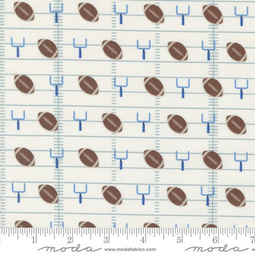 Image of the Play Ball Football Chalk quilting cotton fabric by Moda Fabrics. Features novelty goal posts and footballs on a cream background. 
Cute Little Fabric Shop