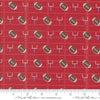 Image of the Play Ball Football Cardinal quilting cotton fabric by Moda Fabrics. Features novelty goal posts and footballs on a red background. 
Cute Little Fabric Shop