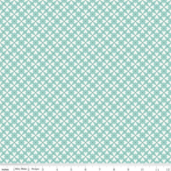 Image of the You & Me Hearts Grid Aqua quilting cotton fabric by Sandy Gervais for Riley Blake Designs. Features geometric hearts on a blue aqua background.
Cute Little Fabric Shop