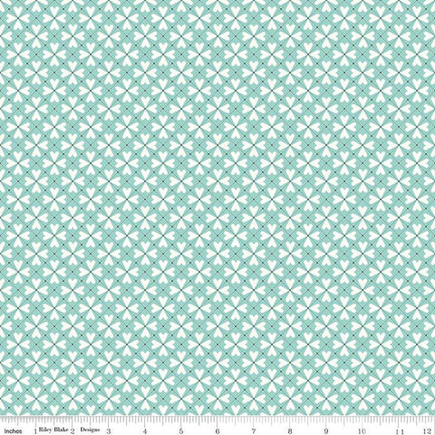 Image of the You & Me Hearts Grid Aqua quilting cotton fabric by Sandy Gervais for Riley Blake Designs. Features geometric hearts on a blue aqua background.
Cute Little Fabric Shop